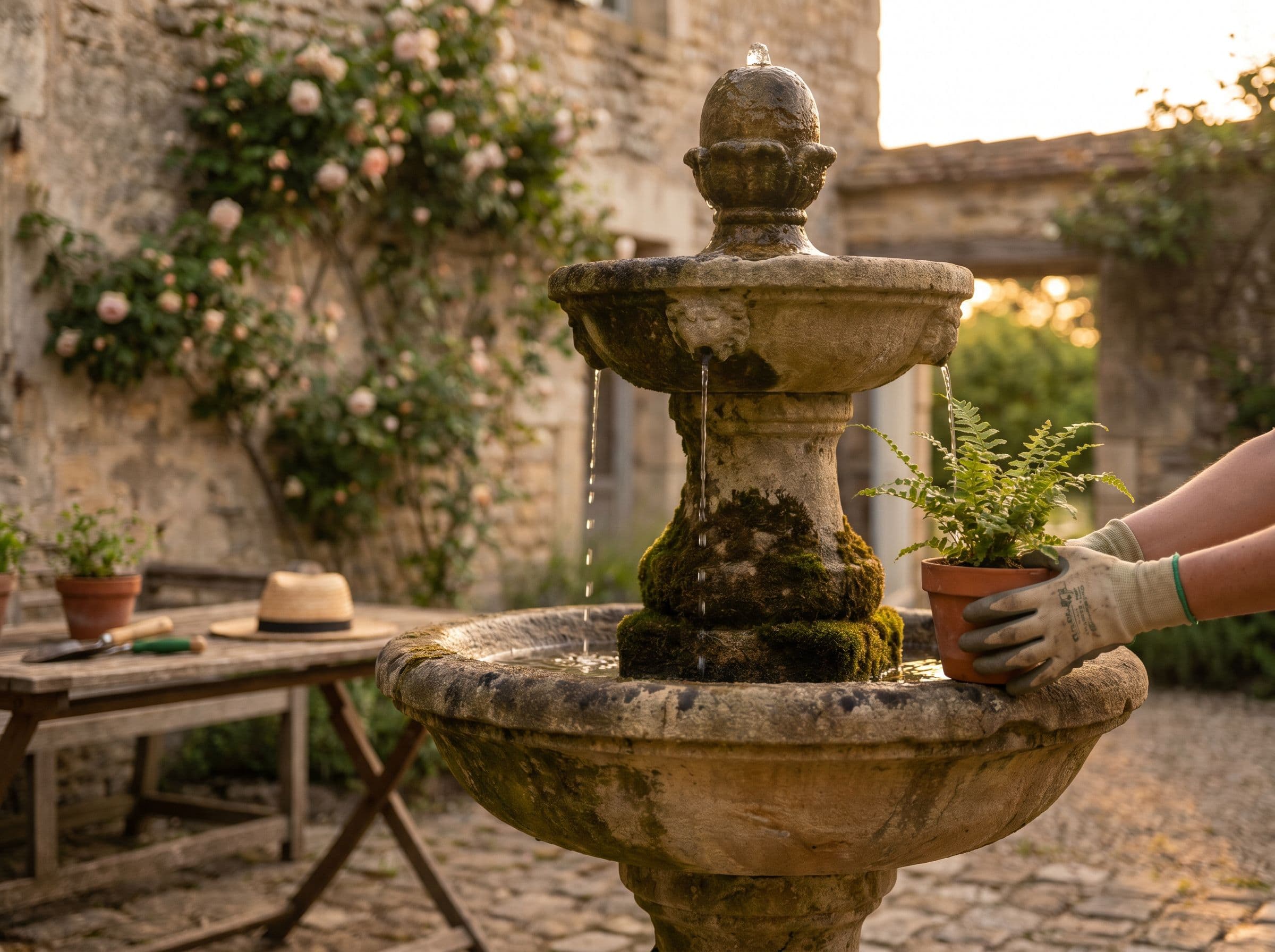 Détail d'une fontaine en pierre, focus sur l'écoulement de l'eau
