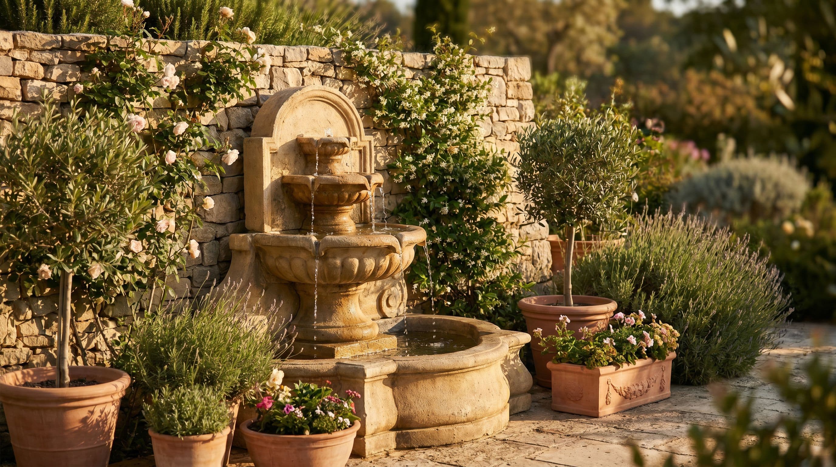 Fontaine de pierre installée sur une terrasse avec des roses grimpantes