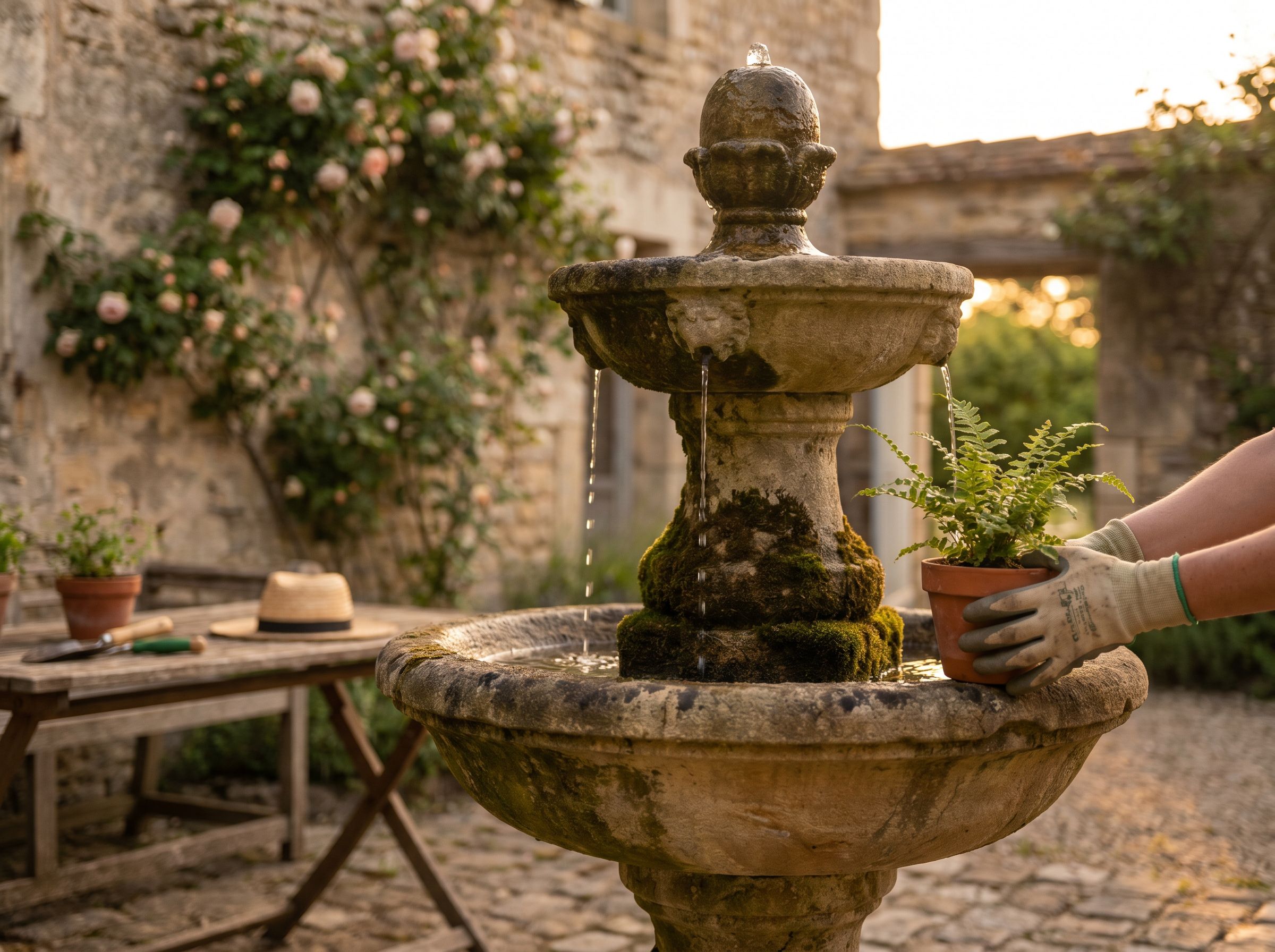Détail d'une fontaine en pierre, focus sur l'écoulement de l'eau
